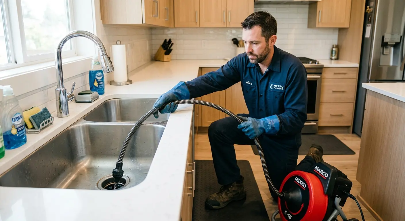 Drain cleaning technician using a motorized snake on a kitchen sink in Lake Tapps