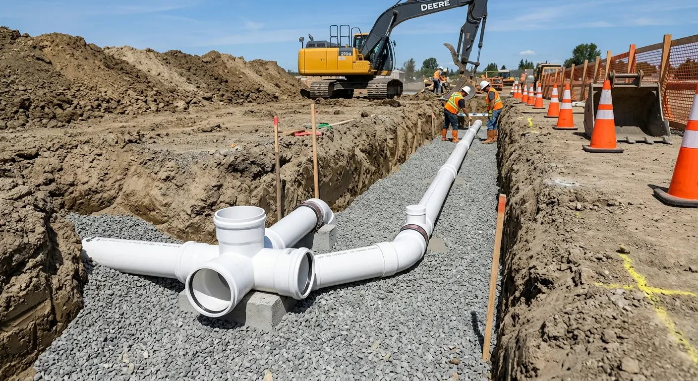 New PVC sewer pipe installation in open trench for Commercial Drain Cleaning in Lake Tapps