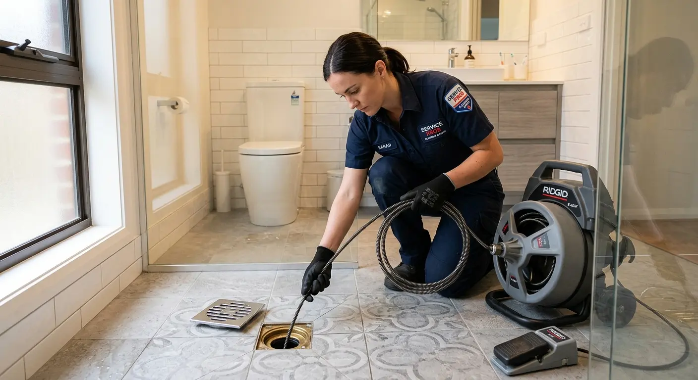 Technician clearing a bathroom floor drain for Drain Repair in Lake Tapps